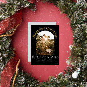 Modern Boho Arch Photo   Black Foil Holiday Card