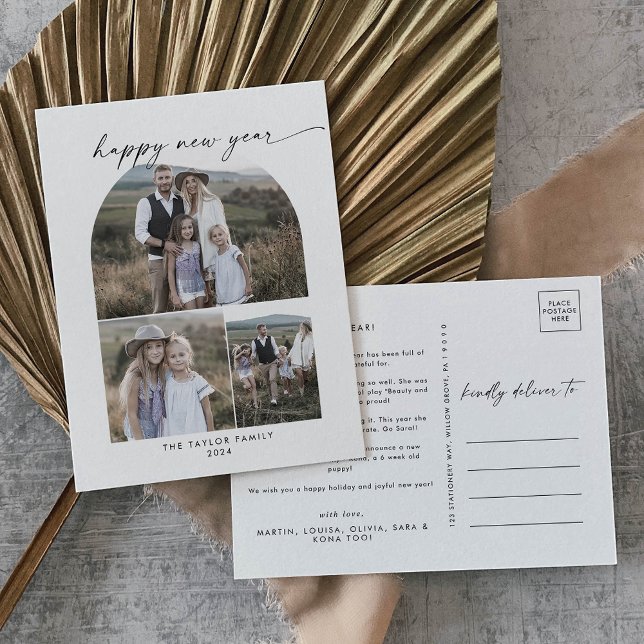 Modern Boho Arch Photo Collage Family New Years Holiday Postcard (Creator Uploaded)
