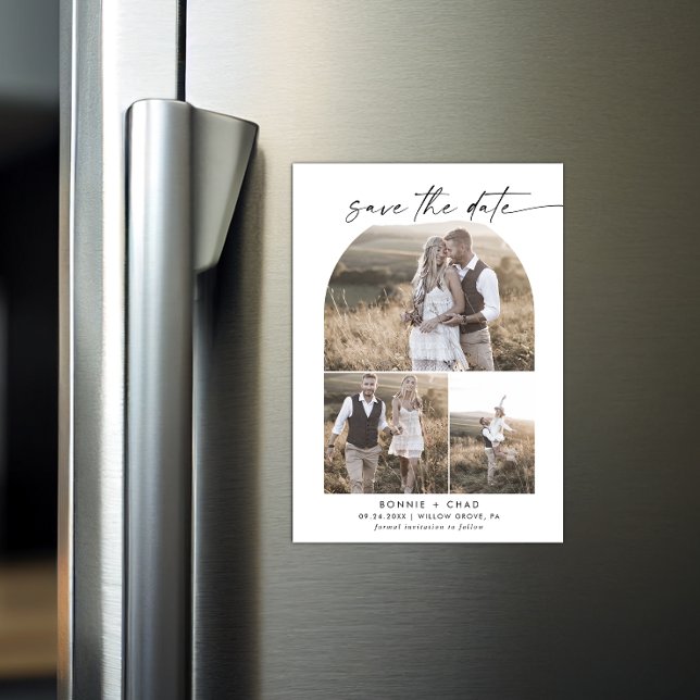 Modern Boho Arch Photo Collage Save the Date Magnetic Invitation (Creator Uploaded)