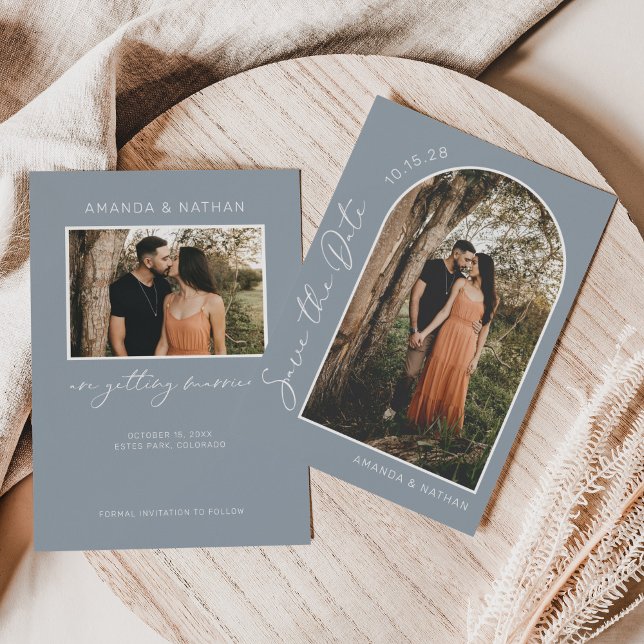 Modern Boho Arch Photo Dusty Blue Wedding Save The Date (Creator Uploaded)