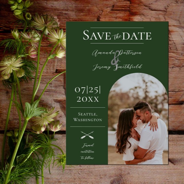 Modern Boho Arch Photo | Emerald Green Save The Date (Modern Arch Photo Save the Date - Emerald Green)