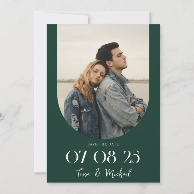 Modern Boho Arch Photo Emerald Green Wedding Save The Date (Front)