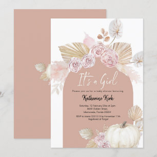 Modern Boho Arch Pumpkin It's a Girl Baby Shower Invitation