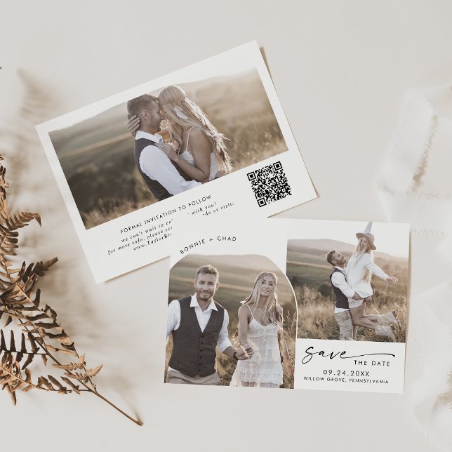 Modern Boho Arch QR Code 3 Photo Save The Date (Creator Uploaded)