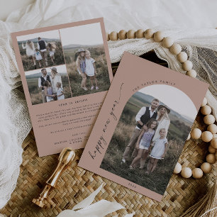 Modern Boho Arch   Salmon Happy New Year Photo Holiday Card