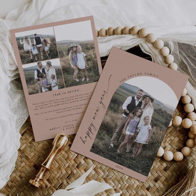 Modern Boho Arch | Salmon Happy New Year Photo Holiday Card (Creator Uploaded)