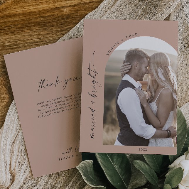Modern Boho Arch | Salmon Married Bright Thank You Holiday Card (Creator Uploaded)