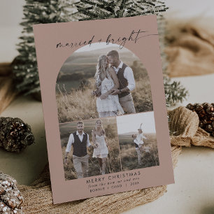 Modern Boho Arch   Salmon Photo Collage Newlywed Holiday Card