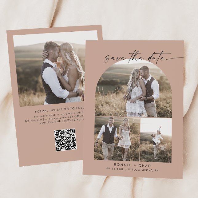 Modern Boho Arch | Salmon QR Code Photo Collage Save The Date (Creator Uploaded)