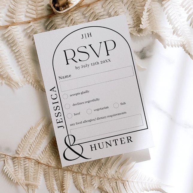Modern boho arch  wedding black white RSVP card (Creator Uploaded)