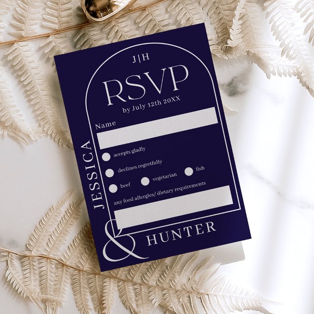 Modern boho arch  wedding navy blue RSVP card (Creator Uploaded)