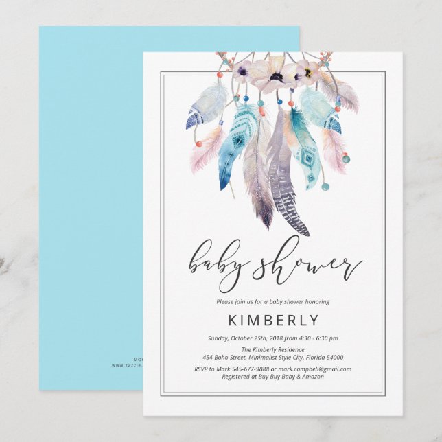 Modern Boho Baby Shower Dreamcatcher Floral Tribal Invitation (Front/Back)