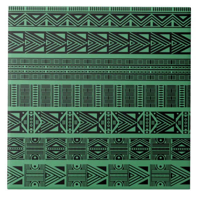 Modern Boho Black and Green Pattern Strips Tile (Front)
