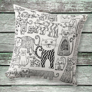 Modern Boho Black and White Cats Pattern Throw Pillow