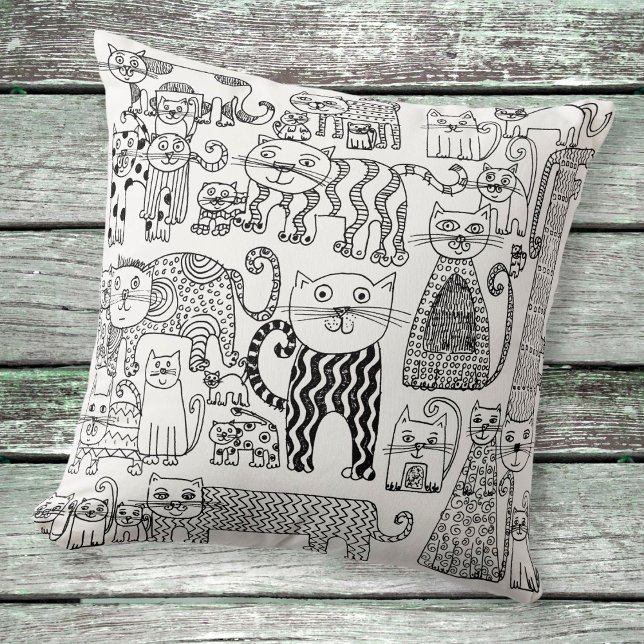 Modern Boho Black and White Cats Pattern Throw Pillow (Creator Uploaded)