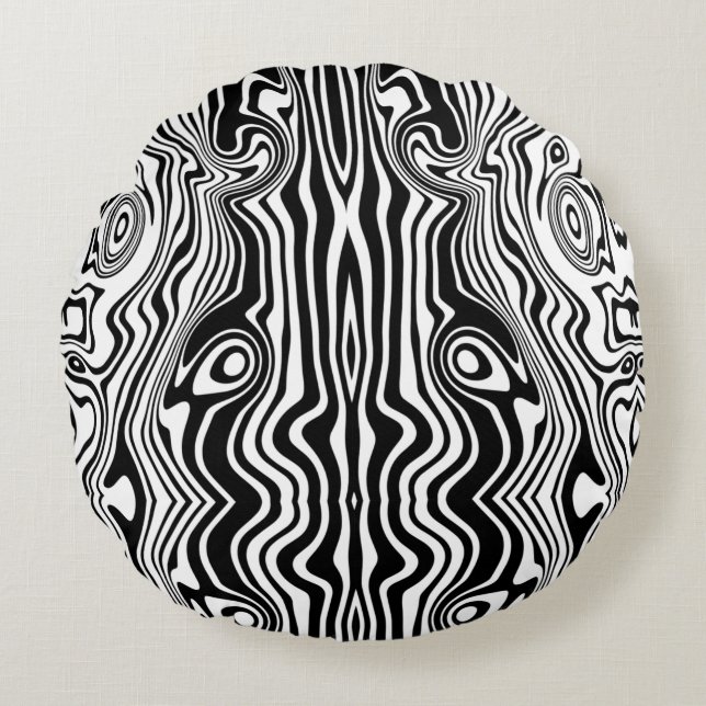 Modern Boho Black and White Pattern Strips Animal Round Pillow (Front)