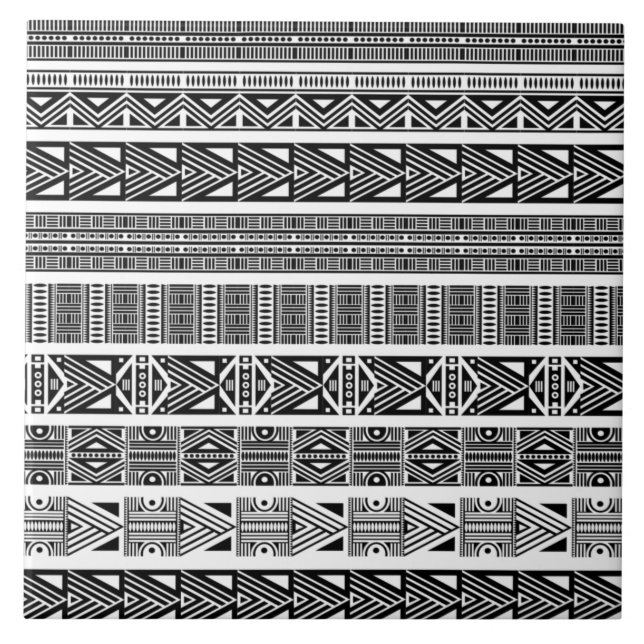 Modern Boho Black and White Pattern Strips Ceramic Tile (Front)