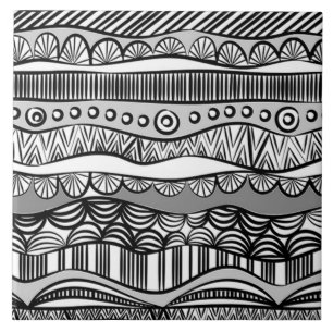 Modern Boho Black and White Pattern Strips Doodles Tile