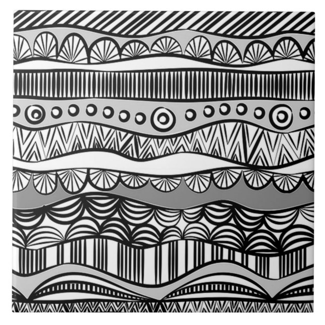 Modern Boho Black and White Pattern Strips Doodles Tile (Front)