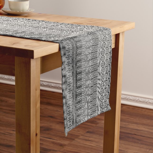 Modern Boho Black and White Pattern Strips Short Table Runner (In Situ)