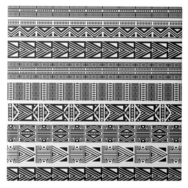 Modern Boho Black and White Pattern Strips Tile (Front)