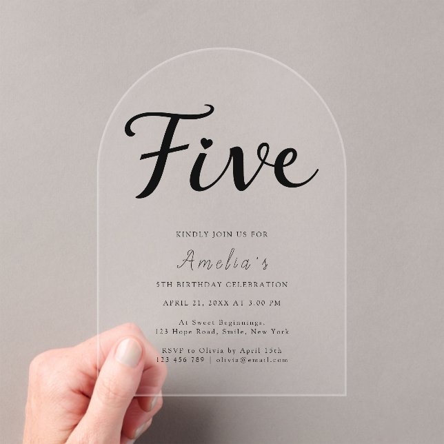 Modern Boho Black Script Simple 5th Birthday Acrylic Invitations (Insitu (Handheld))