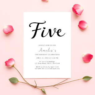 Modern Boho Black Script Simple 5th Birthday Invitation