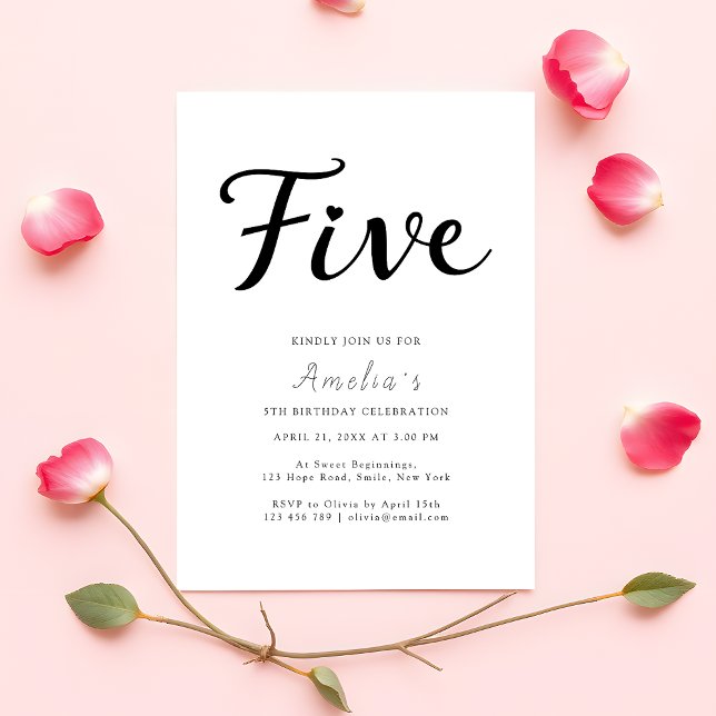 Modern Boho Black Script Simple 5th Birthday Invitation (Creator Uploaded)