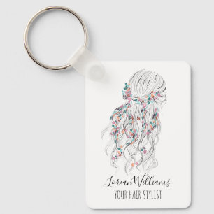 Modern Boho Black White Wavy Hair Style Floral QR Keychain