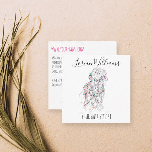 Modern Boho Black White Wavy Hair Style Floral Square Business Card