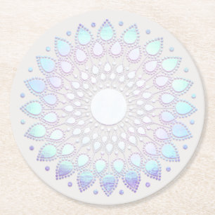 Modern Boho Blue Floral  Lotus Mandala Round Paper Coaster
