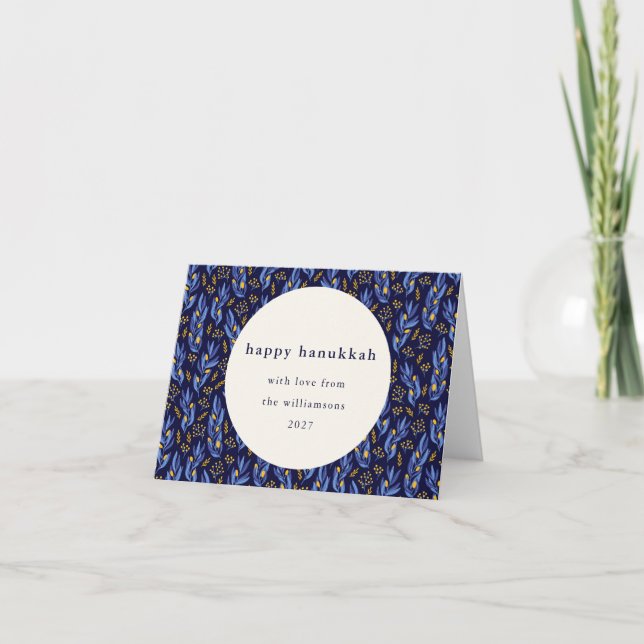 Modern Boho Blue Hanukkah Botanical Custom Blank Holiday Card (Front)
