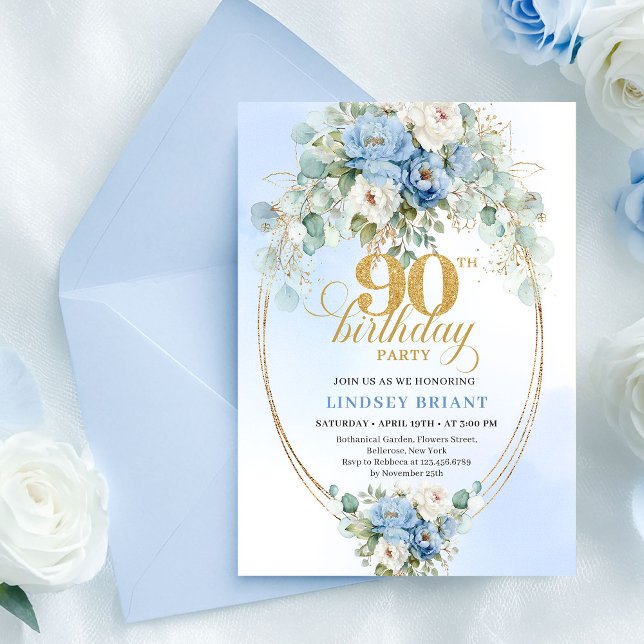 Modern Boho Blue Peony Gold 90th Birthday Invite (Modern Boho Blue Peony Gold 90th Birthday Invite)