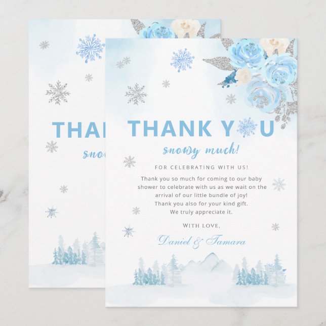 Modern Boho Blue Snowflakes Winter Baby Shower  Thank You Card (Front/Back)