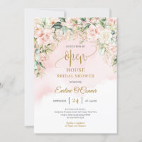 Modern Boho blush floral gold glitter Open House