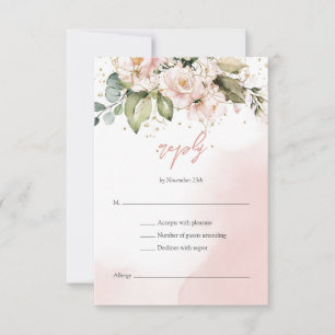 Modern Boho blush pink floral gold frame RSVP Card