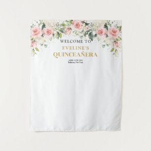 Modern Boho blush pink floral gold Quinceanera Tapestry