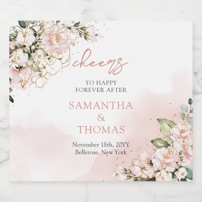 Modern Boho blush pink floral gold sparkles Liquor Bottle Label (Single Label)
