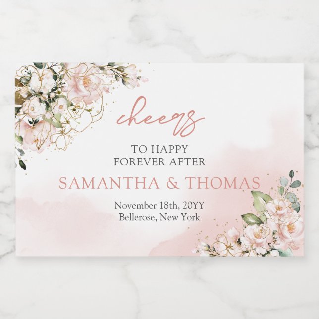 Modern Boho blush pink floral gold sparkles Liquor Bottle Label (Single Label)