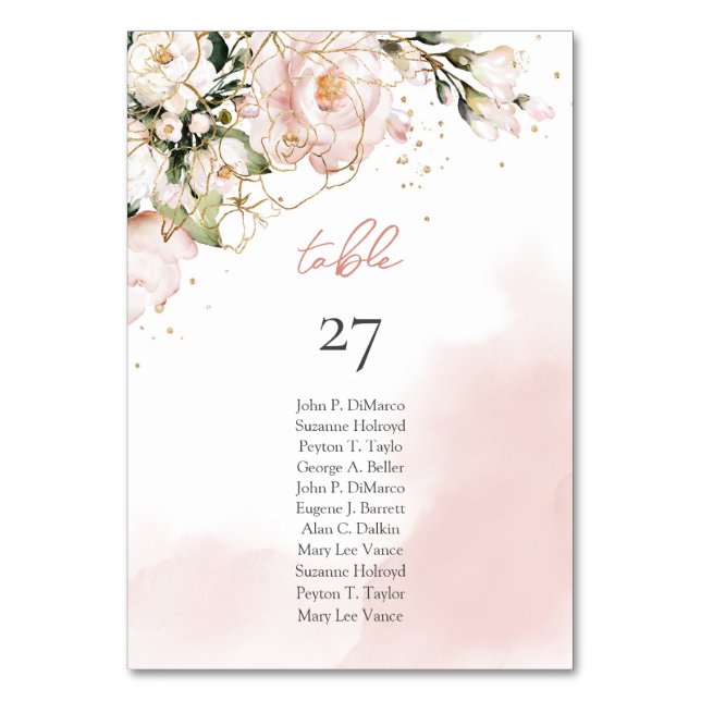 Modern Boho blush pink floral gold sparkles Table Number (Front)