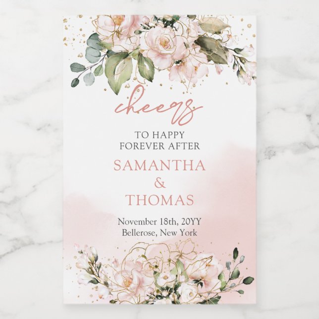 Modern Boho blush pink floral gold sparkles Wine Label (Single Label)