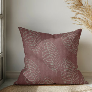 Modern Boho Botanical Leaves On Deep Red Fabric  Throw Pillow