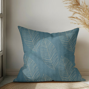 Modern Boho Botanical Leaves On Ocean Blue Fabric  Throw Pillow