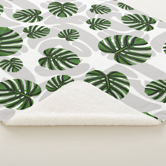 Modern Boho Botanical Leaves Pattern Sherpa Blanket (3/4)