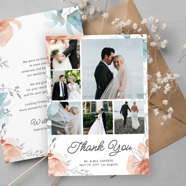 Modern boho botanical multi photo collage wedding thank you card (Creator Uploaded)
