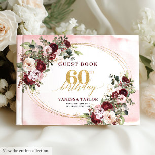 Modern Boho Burgundy Blush Floral 60th Guest Book