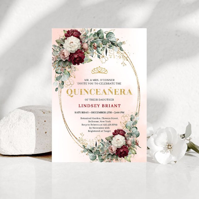 Modern Boho Burgundy Floral Quinceañera Invitation (Modern Boho Burgundy Floral Quinceañera Invitation)