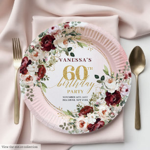 Modern Boho Burgundy Gold Floral 60th Birthday  Paper Plate