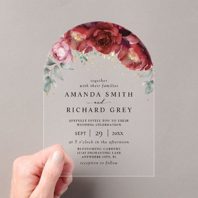 Modern Boho Burgundy Red and Gold Floral Wedding Acrylic Invitations (Insitu (Handheld))