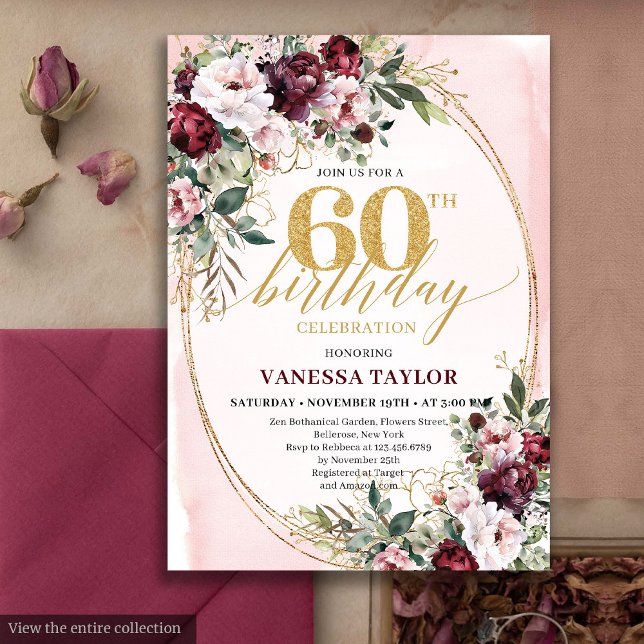 Modern Boho Burgundy Roses 60th Birthday Invite (Modern Boho Burgundy Roses 60th Birthday Invite)